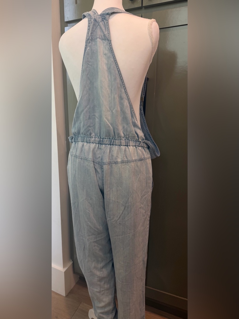 Light Wash Denim Jumpsuit with Drawstring Waist - Picture 2 of 10